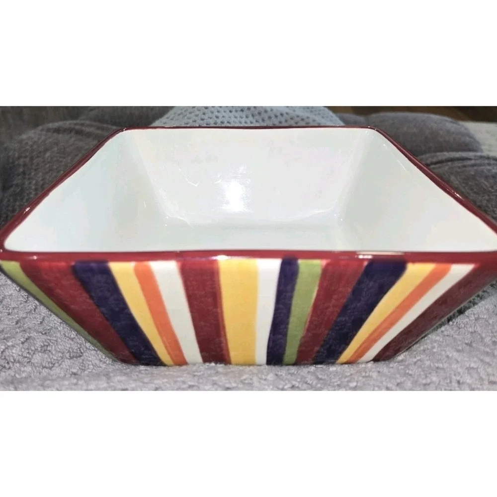 Pampered‎ Chef Simple Additions Square Striped Multicolor Ceramic Serving Bowl